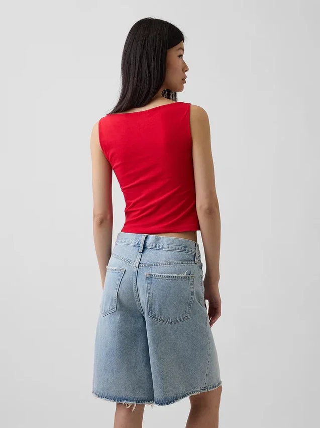 Camiseta sin mangas corta de punto tupido con cuello barco