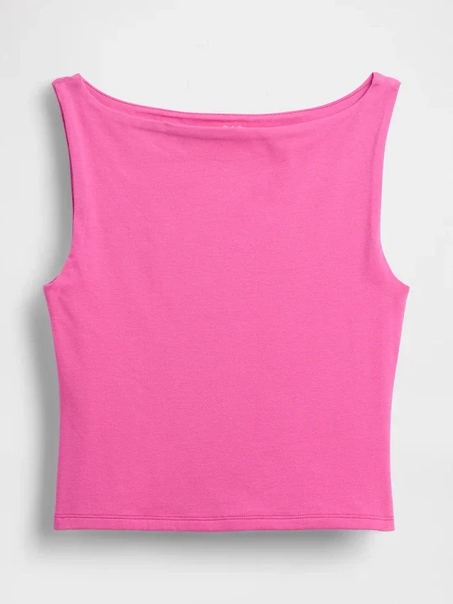 Camiseta sin mangas corta de punto tupido con cuello barco