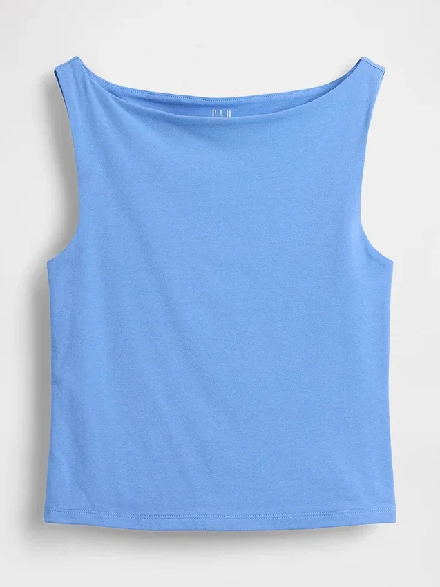Camiseta sin mangas corta de punto tupido con cuello barco
