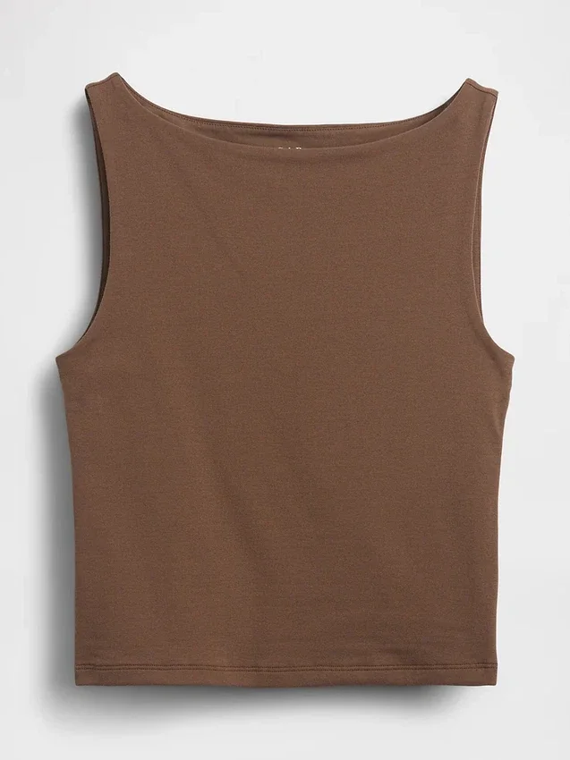 Camiseta sin mangas corta de punto tupido con cuello barco