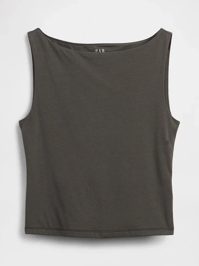 Camiseta sin mangas corta de punto tupido con cuello barco