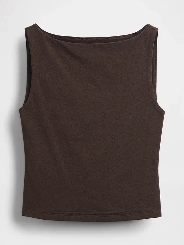 Camiseta sin mangas corta de punto tupido con cuello barco