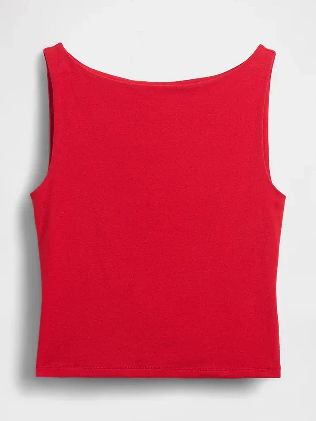Camiseta sin mangas corta de punto tupido con cuello barco