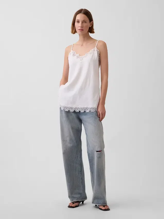 Camiseta sin mangas de mezcla de lino con ribete de encaje