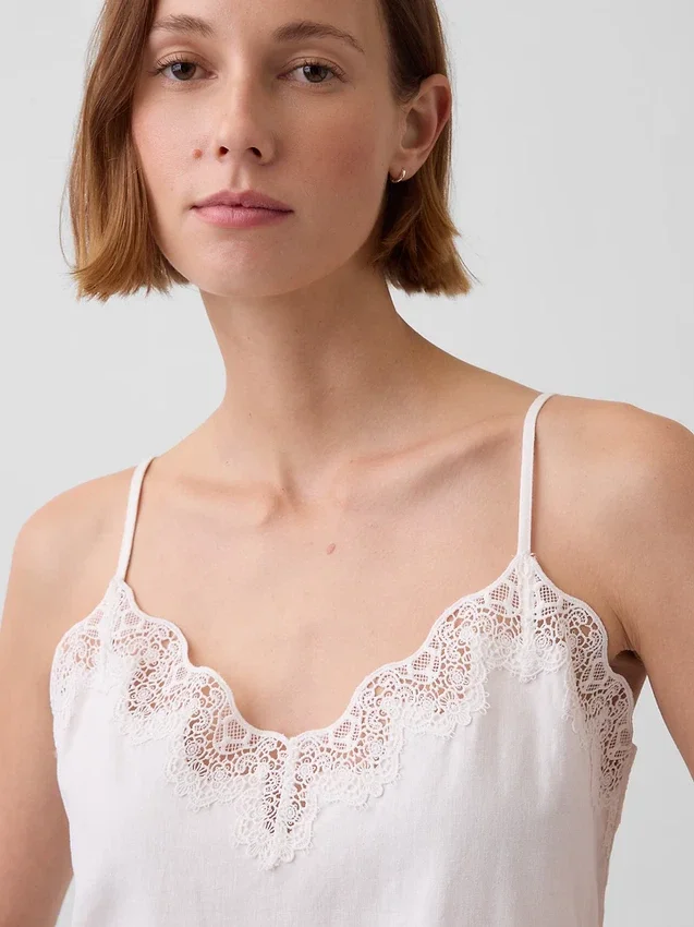 Camiseta sin mangas de mezcla de lino con ribete de encaje