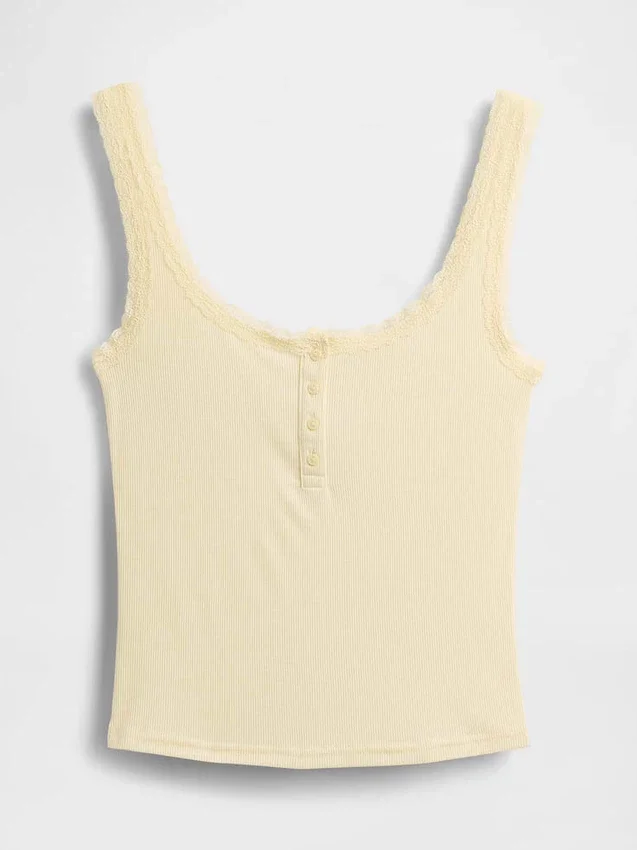 Camiseta sin mangas de pijama tipo Henley con encaje de canalé fino