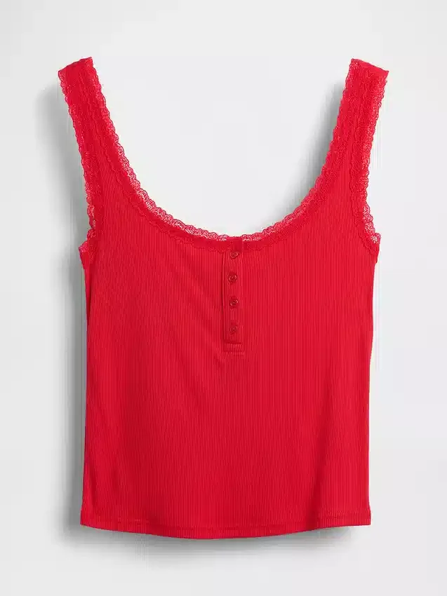 Camiseta sin mangas de pijama tipo Henley con encaje de canalé fino