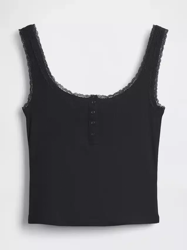 Camiseta sin mangas de pijama tipo Henley con encaje de canalé fino