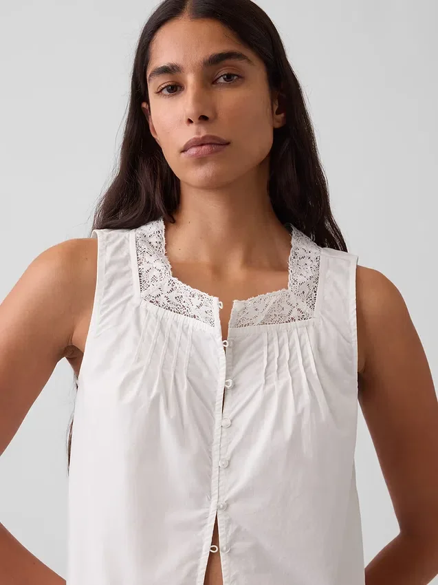 Camiseta sin mangas de popelín con pliegues