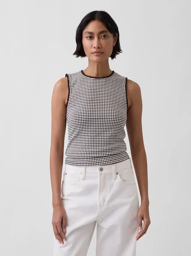 Camiseta sin mangas de punto pointelle a cuadros vichy