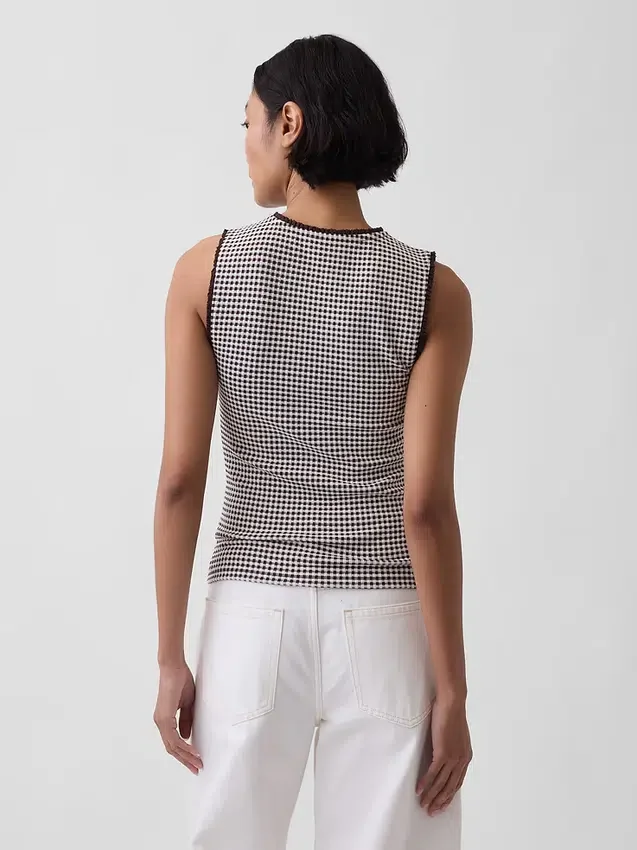 Camiseta sin mangas de punto pointelle a cuadros vichy