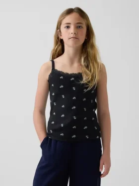 Camiseta sin mangas infantil con ribete de encaje y tejido de gofre