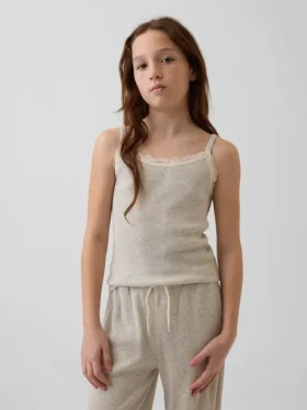 Camiseta sin mangas infantil con ribete de encaje y tejido de gofre