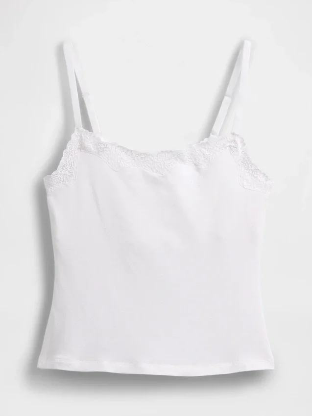 Camiseta sin tirantes con sujetador incorporado de algodón elástico orgánico y ribete de encaje