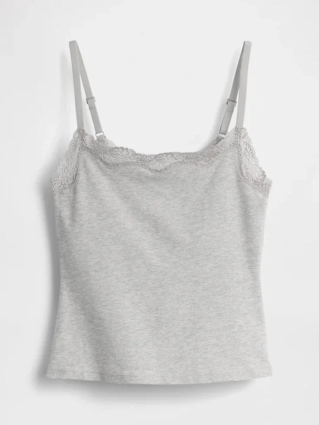 Camiseta sin tirantes con sujetador incorporado de algodón elástico orgánico y ribete de encaje