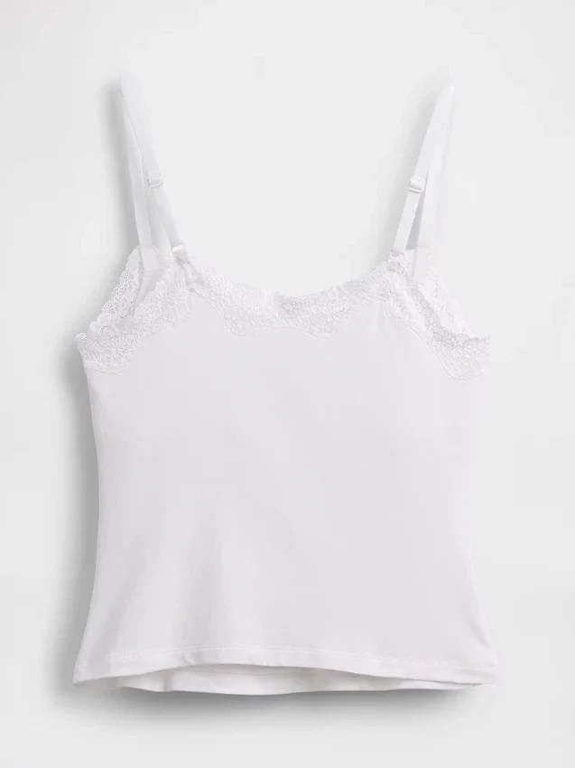 Camiseta sin tirantes con sujetador incorporado de algodón elástico orgánico y ribete de encaje