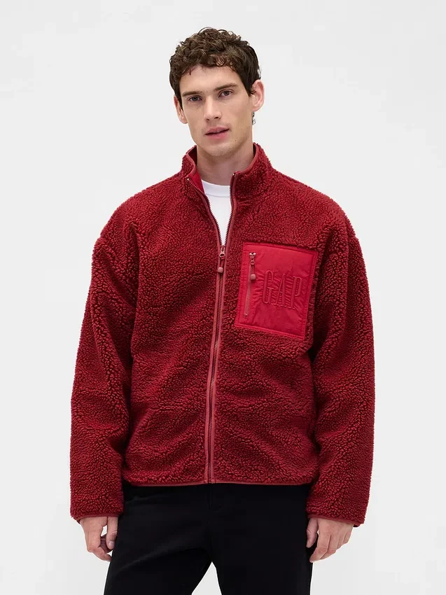 Chaqueta con cremallera oversize de sherpa reciclado y logotipo