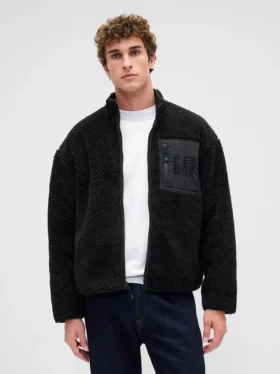 Chaqueta con cremallera oversize de sherpa reciclado y logotipo