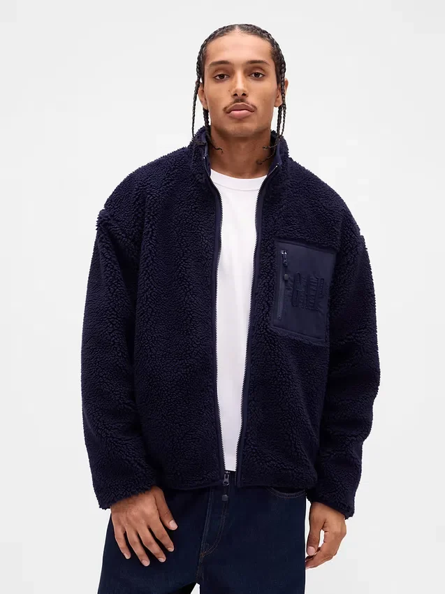 Chaqueta con cremallera oversize de sherpa reciclado y logotipo