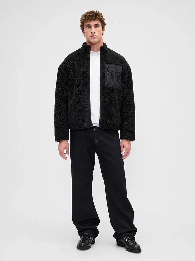 Chaqueta con cremallera oversize de sherpa reciclado y logotipo