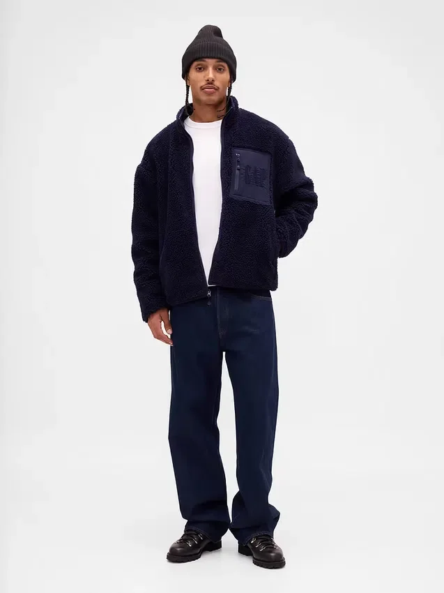 Chaqueta con cremallera oversize de sherpa reciclado y logotipo