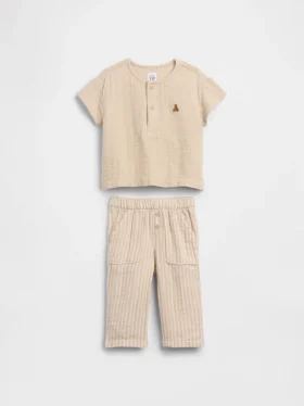 Conjunto de gasa de algodón para bebé con camiseta Henley