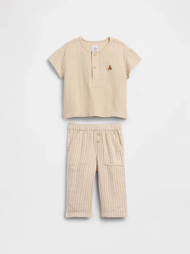Conjunto de gasa de algodón para bebé con camiseta Henley