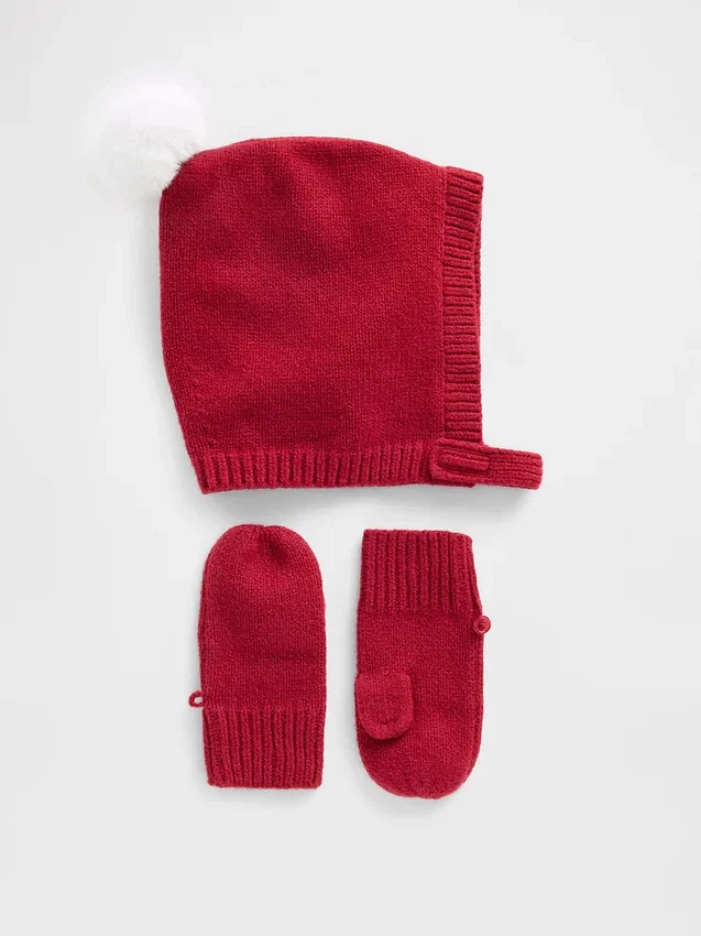 Conjunto de gorro con pompón y manoplas CashSoft para bebés y niños pequeños