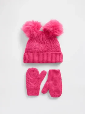 Conjunto de gorro y manoplas con pompón de punto trenzado para bebés y niños