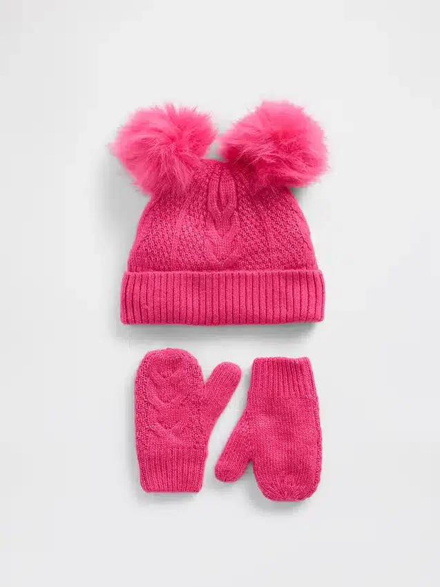 Conjunto de gorro y manoplas con pompón de punto trenzado para bebés y niños