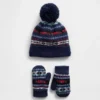Conjunto de gorro y manoplas con pompón y diseño Fair Isle para bebés y niños