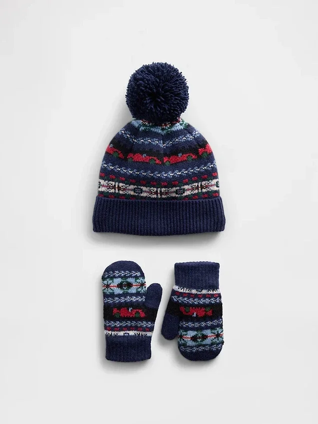 Conjunto de gorro y manoplas con pompón y diseño Fair Isle para bebés y niños