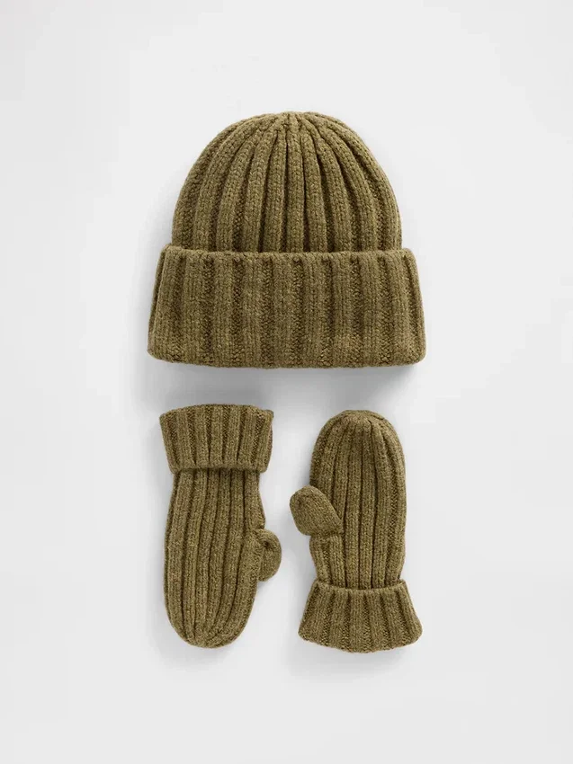 Conjunto de gorro y manoplas de punto acanalado CashSoft para Bebé y Niño