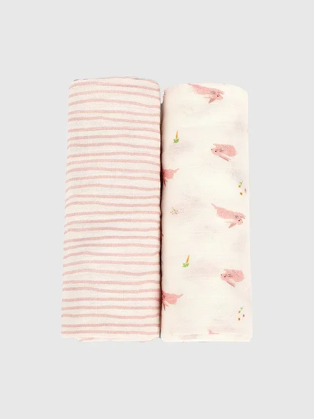 Conjunto de mantitas de bambú «Conejito» y «Ola rosa»