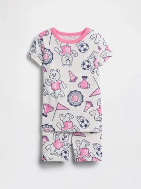 Conjunto de pantalones cortos de pijama de algodón orgánico cepillado con el logotipo del oso para Bebé y Niño