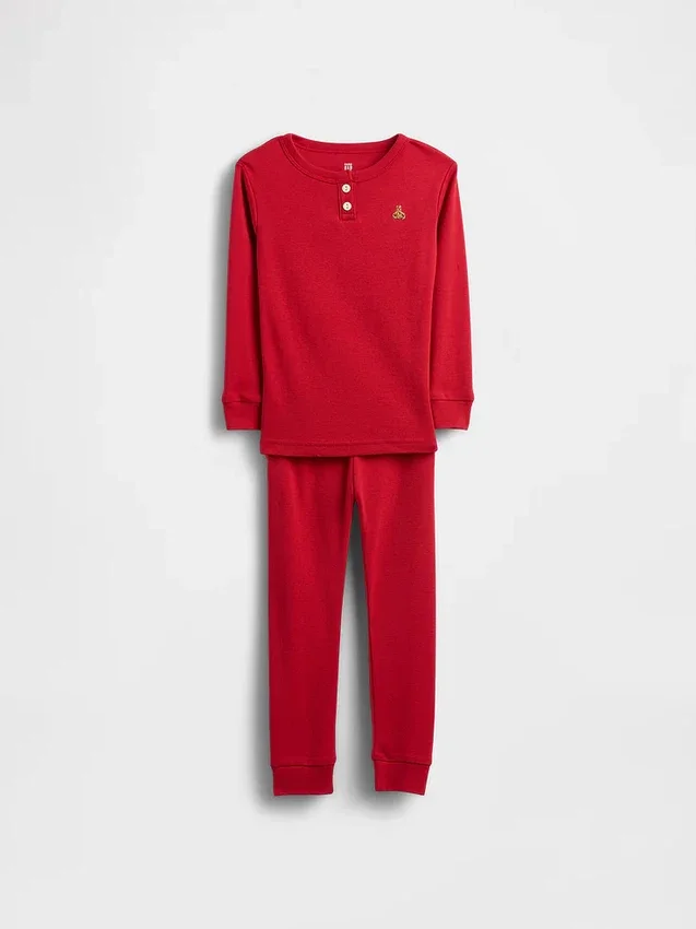 Conjunto de pijama de algodón orgánico cepillado estilo Henley para bebés y niños