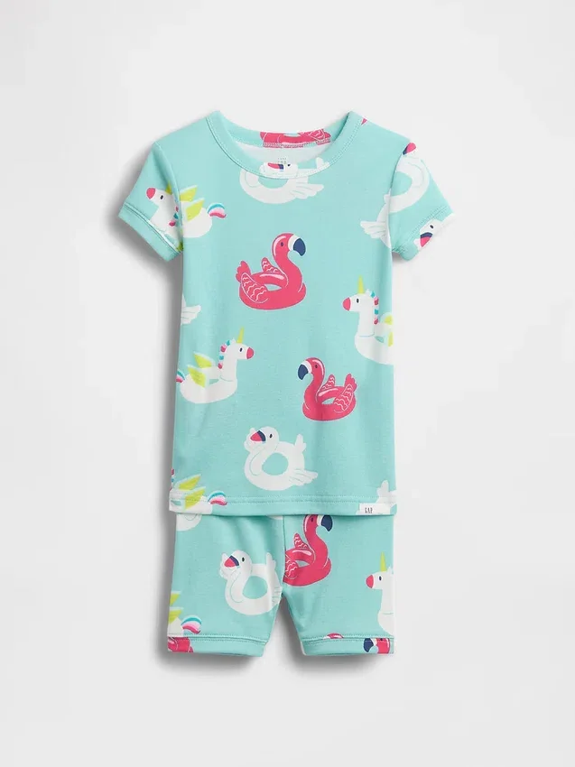 Conjunto de pijama de pantalones cortos con flotador de piscina de algodón cepillado orgánico para bebés y niños pequeños