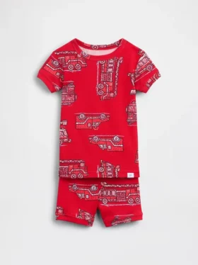 Conjunto de pijama de pantalones cortos de algodón orgánico cepillado con diseño de camión de bomberos para bebés y niños pequeños