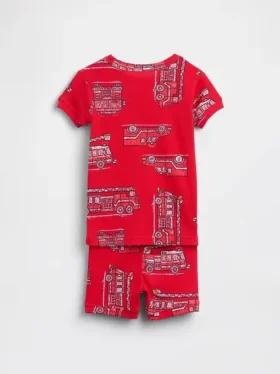 Conjunto de pijama de pantalones cortos de algodón orgánico cepillado con diseño de camión de bomberos para bebés y niños pequeños