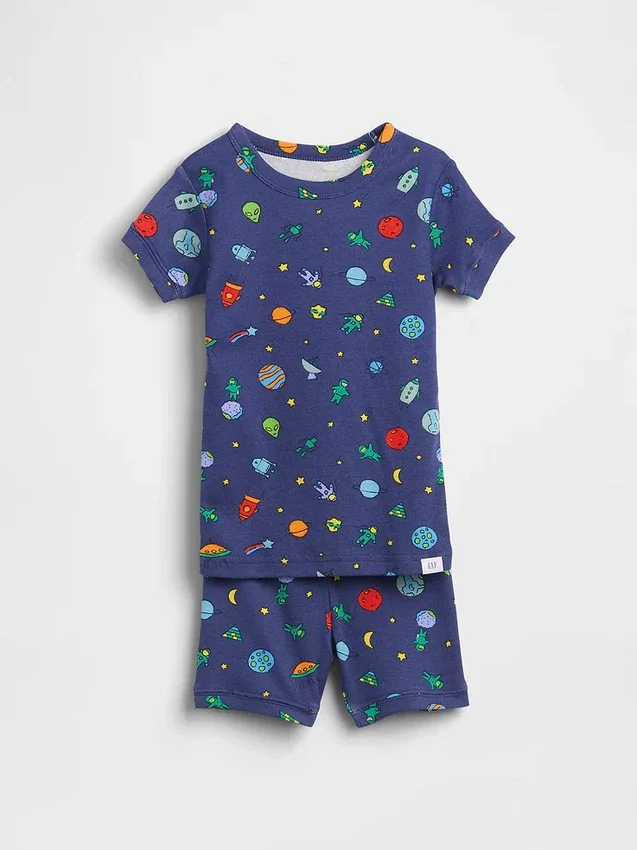 Conjunto de pijama de pantalones cortos de algodón orgánico cepillado con estampado de extraterrestres para bebés y niños pequeños