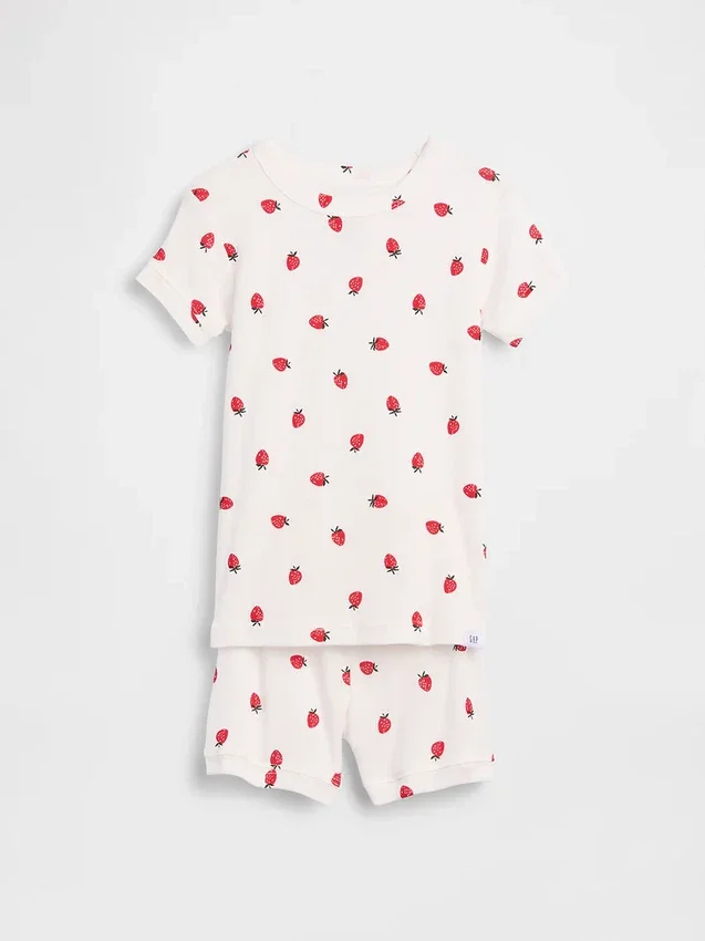 Conjunto de pijama de pantalones cortos de algodón orgánico cepillado con estampado de fresas para Bebé y Niño