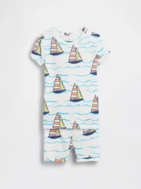Conjunto de pijama de pantalones cortos de algodón orgánico cepillado con estampado de veleros para Bebé y Niño