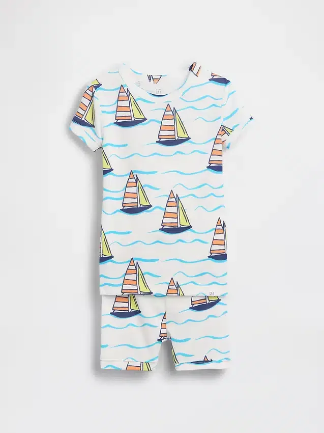 Conjunto de pijama de pantalones cortos de algodón orgánico cepillado con estampado de veleros para Bebé y Niño