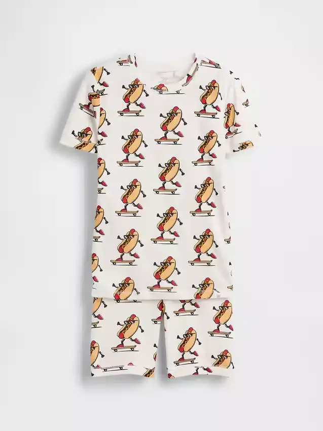 Conjunto de pijama de pantalones cortos para niños de algodón orgánico cepillado con diseño de perrito caliente