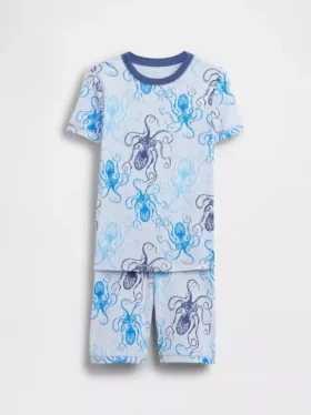 Conjunto de pijama infantil de algodón orgánico cepillado con estampado de pulpos en pantalones cortos