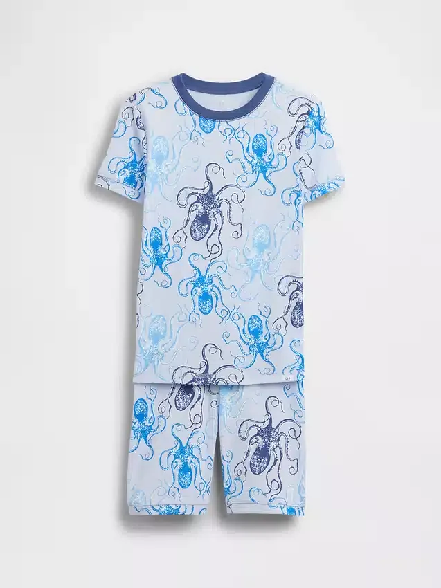 Conjunto de pijama infantil de algodón orgánico cepillado con estampado de pulpos en pantalones cortos