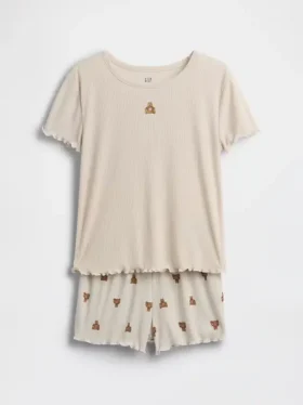 Conjunto de pijama infantil de punto acanalado reciclado con el oso Brannan en pantalones cortos