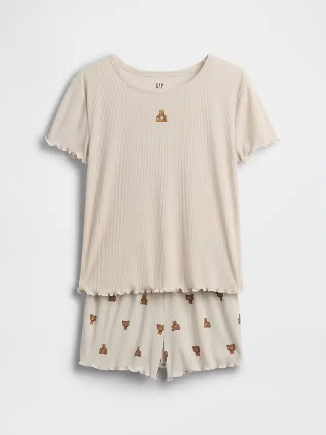 Conjunto de pijama infantil de punto acanalado reciclado con el oso Brannan en pantalones cortos