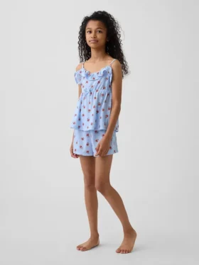 Conjunto de pijama infantil reciclado con camiseta de tirantes con volantes y pantalones cortos