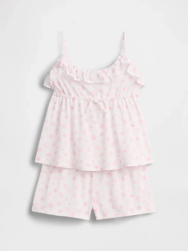 Conjunto de pijama infantil reciclado con camiseta de tirantes con volantes y pantalones cortos
